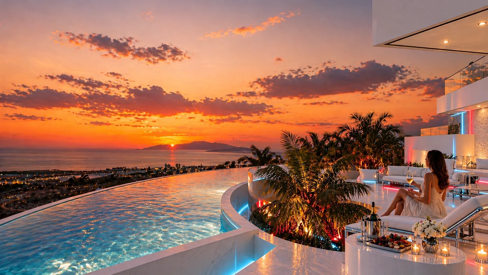 Sunset over the Atlantic from the pool terrace of Villa Infinity, Futuristic identity